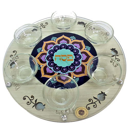 101630 - Wooden&glass Mandala Passover plate 33 cm including flasks