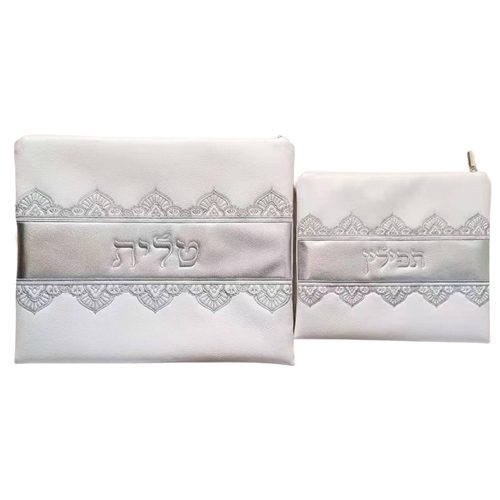 White leather-like wrangler tallit set silver mandala silver embroidery