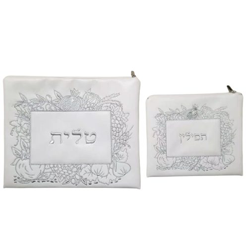 19246-White tallit set with silver embroidery PU