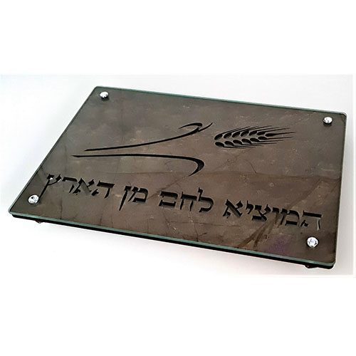 100817-5 Shabbat tray Hamotzi wood cutting straw with glass 38X28 CM