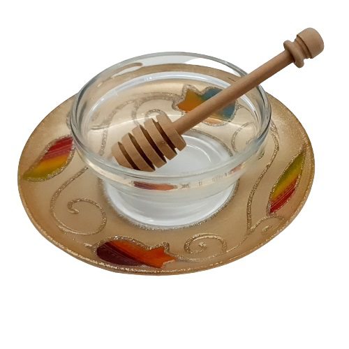 50772 !! hand made glass honey dish and a spoon