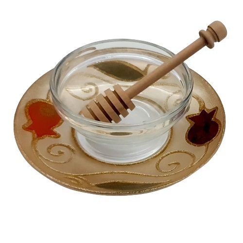 50773 !! hand made glass honey dish and a spoon