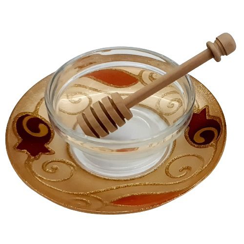 50775 !! hand made glass honey dish and a spoon