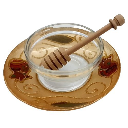 50776 !! hand made glass honey dish and a spoon