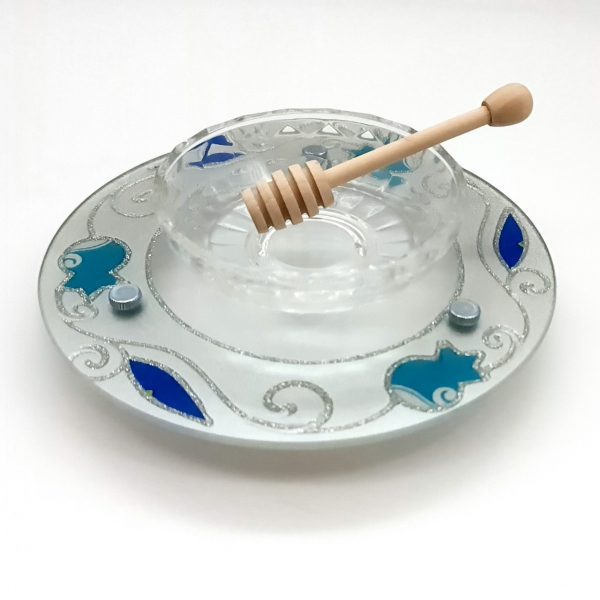 50778 !! hand made glass honey dish  with leg and a spoon
