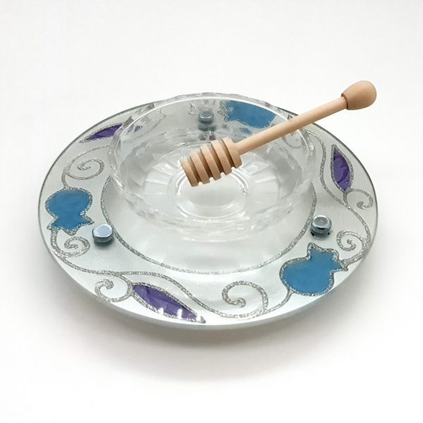 50779 !! hand made glass honey dish  with leg and a spoon