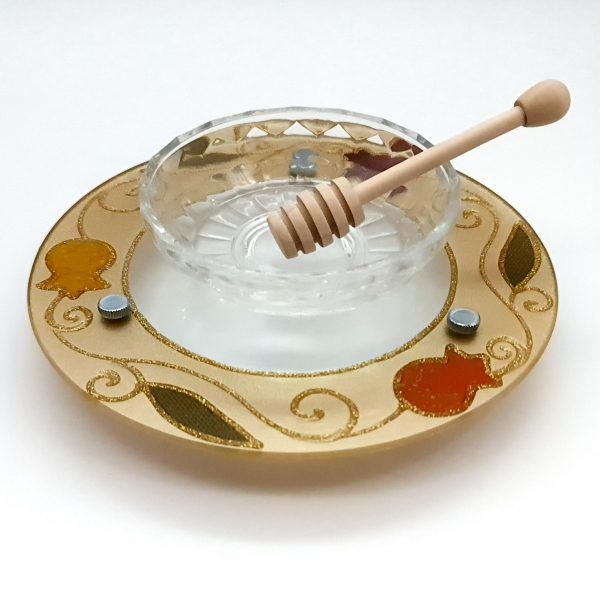 50781 !! hand made glass honey dish  with leg and a spoon
