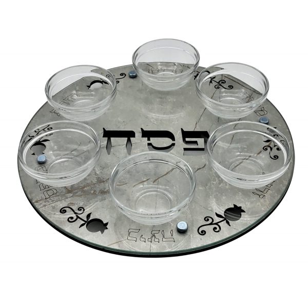 Passover plate, wood and glass, 33 cm gray marble, including saucers