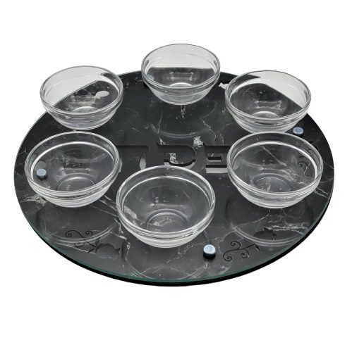 Passover plate, wood and glass, 33 cm black marble, including saucers