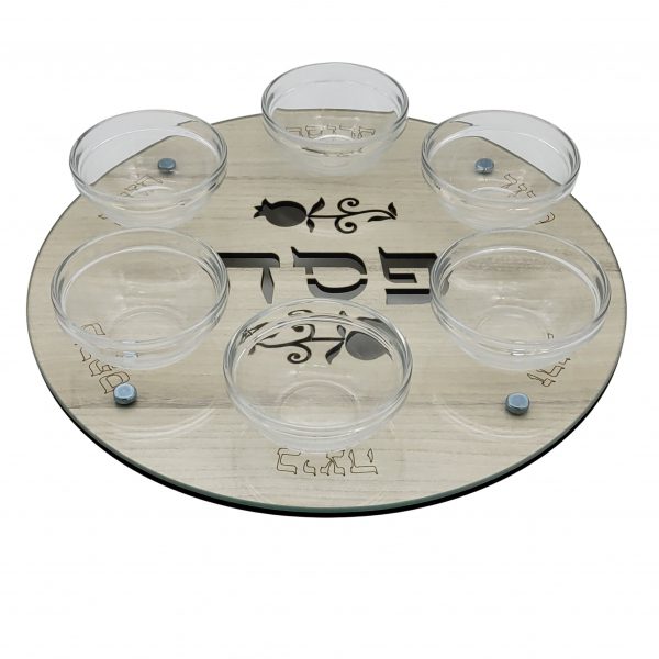 Passover plate natural wood and glass 33 cm including saucers