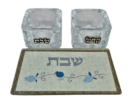A pair of Shabbat Kodesh glass candlesticks +  7X5 tray