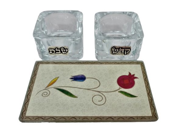 A pair of Shabbat Kodesh glass candlesticks +7X5 tray