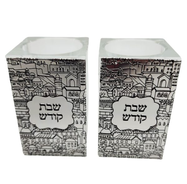 A pair of Jerusalem cube crystal candlesticks 13 cm
