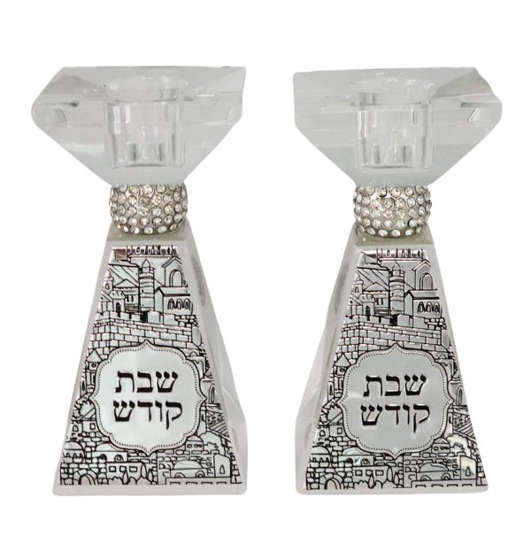 A pair of Jerusalem pyramid crystal candlesticks 11.5X5 cm