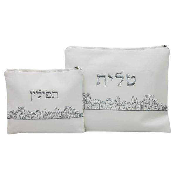 White tallit set with silver embroidery PU