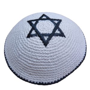 White &am pu blue Star of David yarmulke 16 cm– by Lili Art: A Blend of Tradition and Art