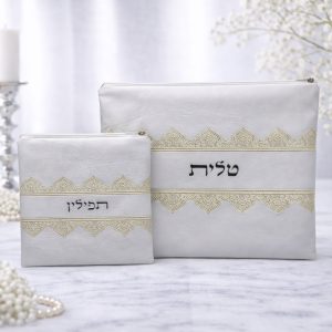 סט טלית רנגלר דמוי עור מנדלה לבן רקמה כסף