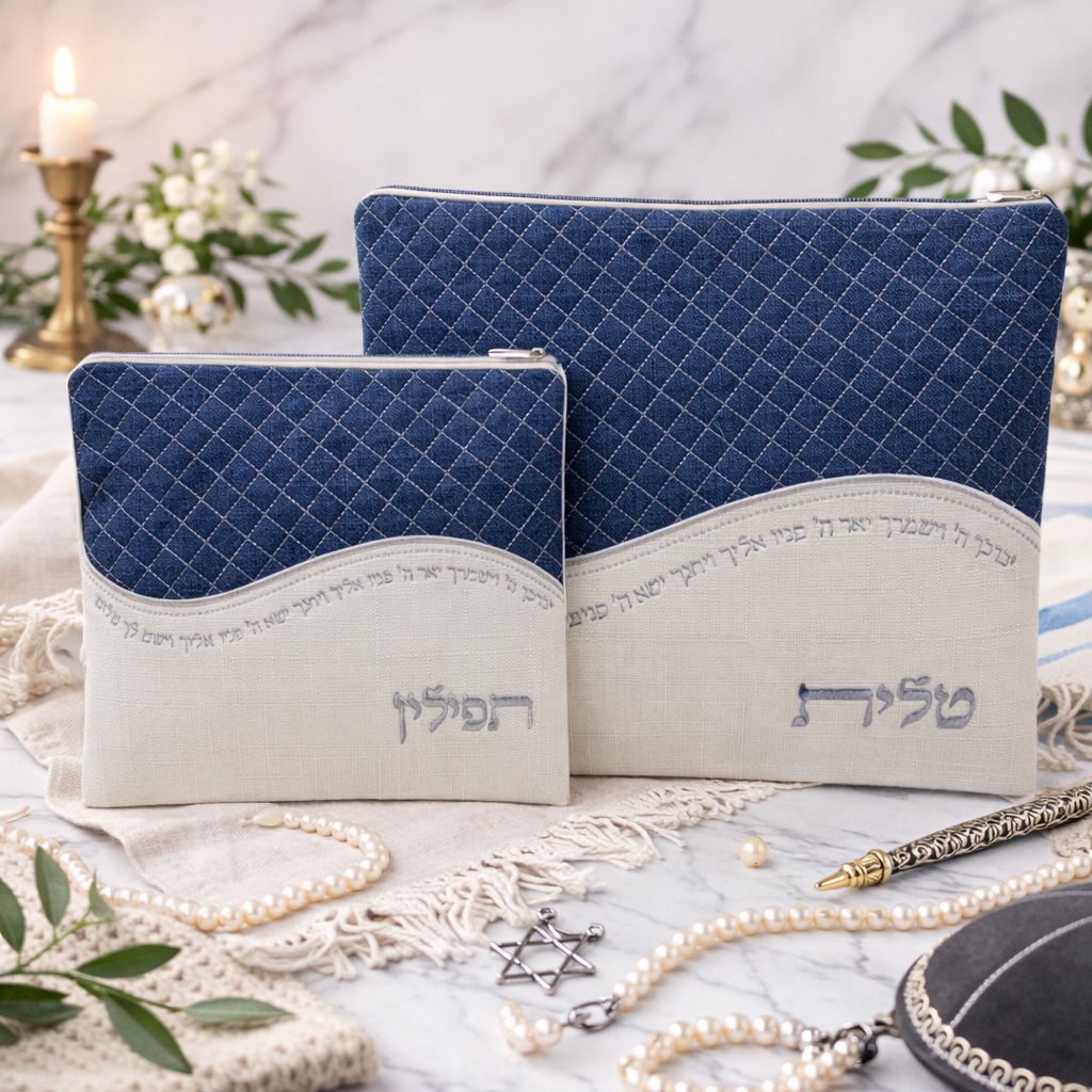 196051 white & blue linen Cover for Tallit and Tefillin - Image 1